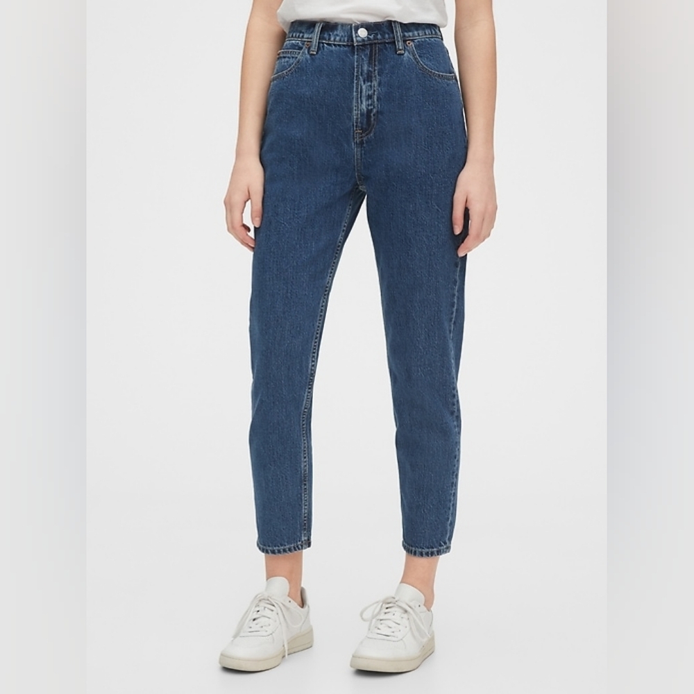 Gap 100% Cotton High Rise Mom Jeans Size 27 28 Dark Wash Indigo Tapered Leg